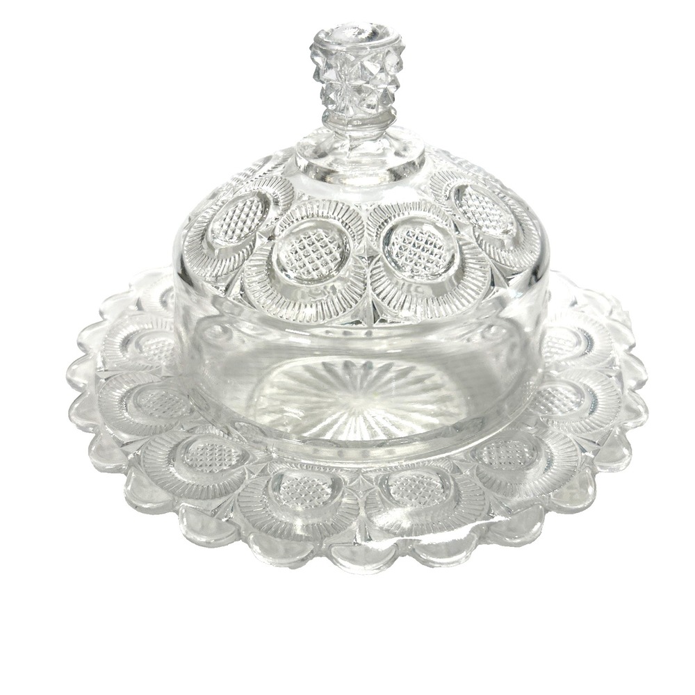 Antique EAPG Butter Dish Bryce Higbee Diamond Point Disk Crescent Pattern 1896
